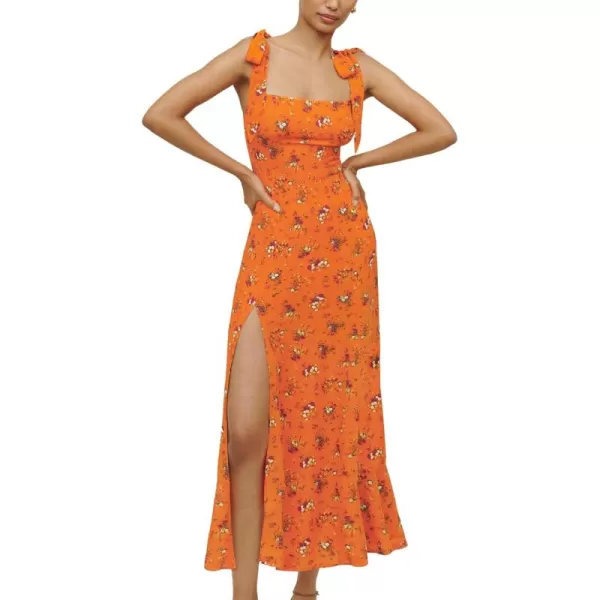 LYANER Women's Tie Shoulder Strap Square Neck Sleeveless Tie Waist Side Split Slit Printed Midi Dress