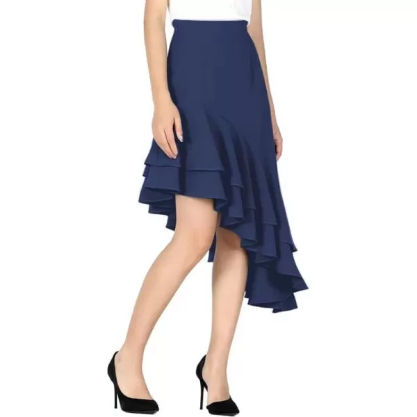 LYANER Women's Tiered Ruffle Asymmetric Flared Hem High Waist Work Office Midi Skirt