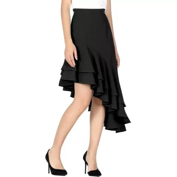 LYANER Women's Tiered Ruffle Asymmetric Flared Hem High Waist Work Office Midi Skirt