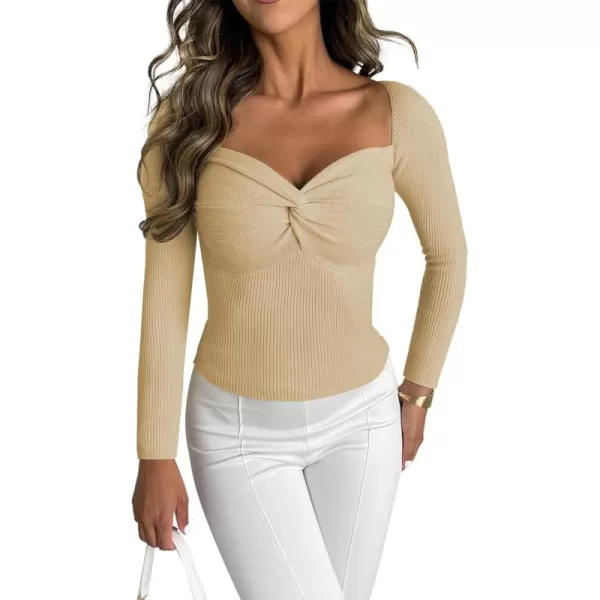 LYANER Women's Twist Criss Cross Sweetheart Neck Slim Fit Long Sleeve Tee Knit Sweater Top
