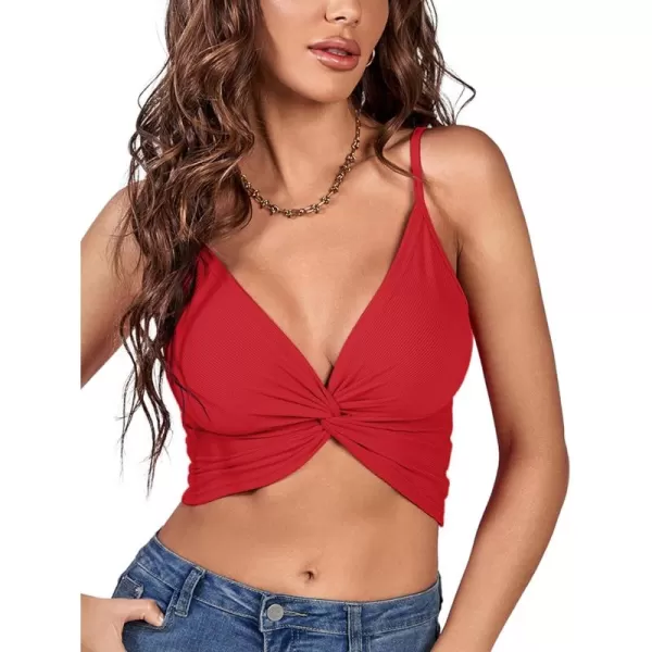 LYANER Women's Twist Knot Front Deep V Neck Rib Knit Sleeveless Cami Tank Crop Top