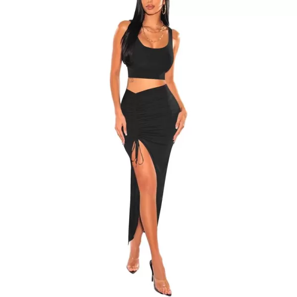 LYANER Women's Two Piece Dress Set High Split Drawstring Ruched Bodycon Long Skirt with Square Neck Crop Tank Top