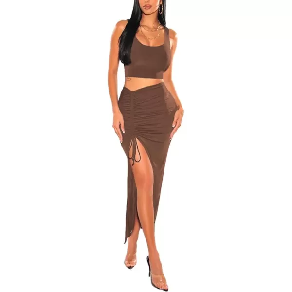LYANER Women's Two Piece Dress Set High Split Drawstring Ruched Bodycon Long Skirt with Square Neck Crop Tank Top