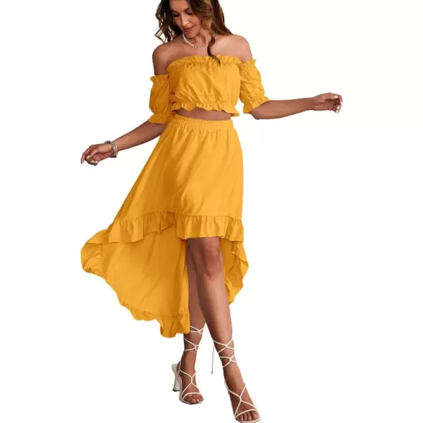 LYANER Women's Two Pieces Outfits Off Shoulder Crop Top and High Low Skirt Set