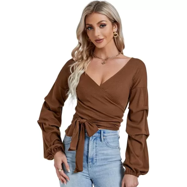 LYANER Women's V Neck Puff Long Sleeve Self Tie Knot Solid Wrap Crop Blouse T-Shirt Top