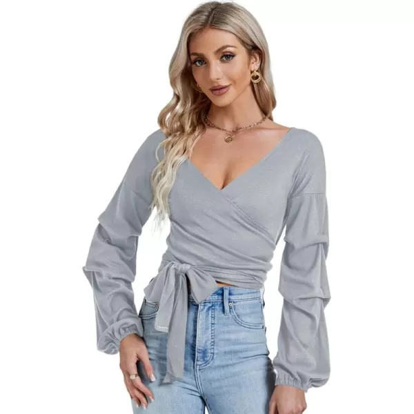 LYANER Women's V Neck Puff Long Sleeve Self Tie Knot Solid Wrap Crop Blouse T-Shirt Top