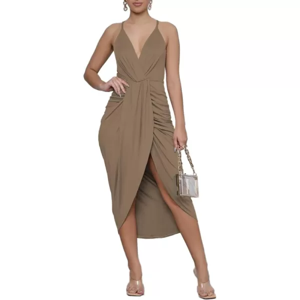 LYANER Women's V Neck Ruched Wrap Slit Hem Sleeveless Spaghetti Strap Midi Bodycon Dress