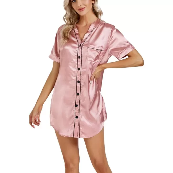 LYANER Women's V Neck Satin Button Down Short Sleeve Sleepshirt Sleepwear Nightgown
