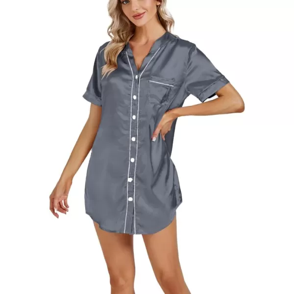 LYANER Women's V Neck Satin Button Down Short Sleeve Sleepshirt Sleepwear Nightgown