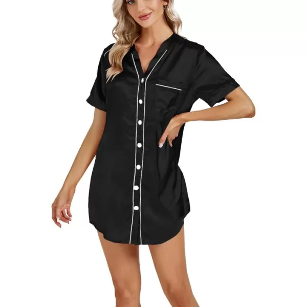 LYANER Women's V Neck Satin Button Down Short Sleeve Sleepshirt Sleepwear Nightgown
