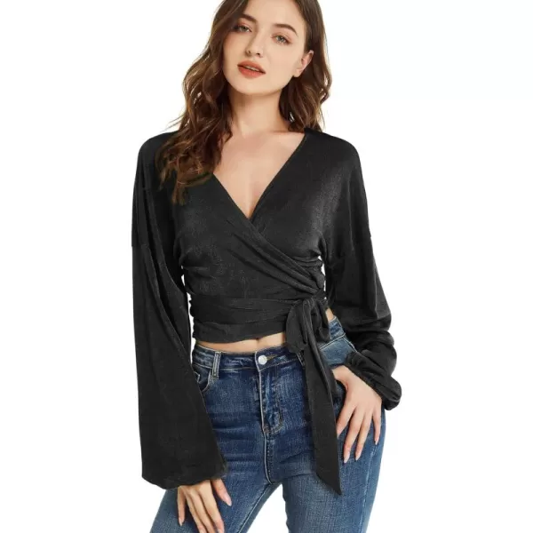 LYANER Women's V Neck Self Tie Knot Bishop Long Sleeve Wrap Crop Blouse T-Shirt Top