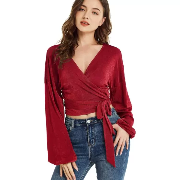 LYANER Women's V Neck Self Tie Knot Bishop Long Sleeve Wrap Crop Blouse T-Shirt Top