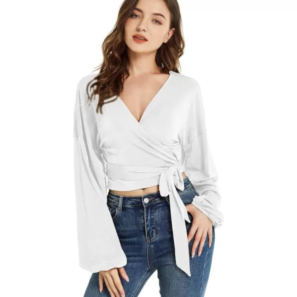 LYANER Women's V Neck Self Tie Knot Bishop Long Sleeve Wrap Crop Blouse T-Shirt Top