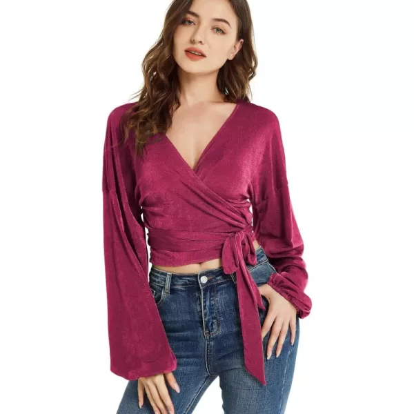LYANER Women's V Neck Self Tie Knot Bishop Long Sleeve Wrap Crop Blouse T-Shirt Top