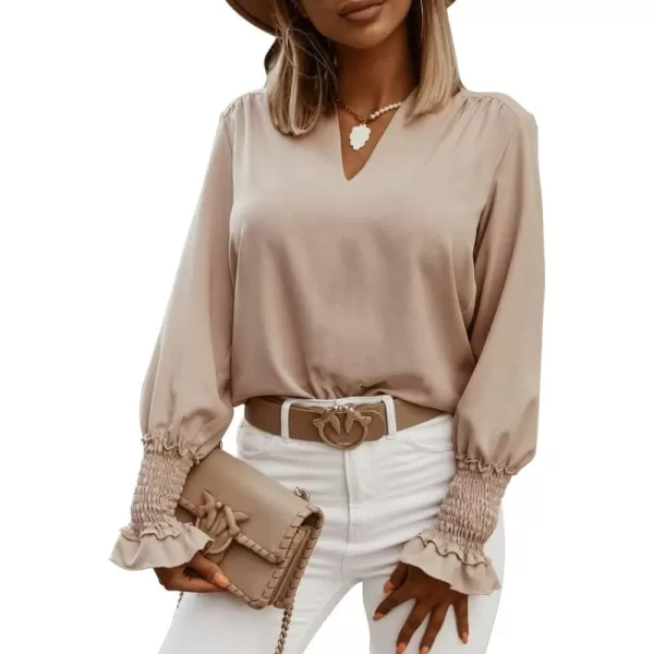 LYANER Women's V Neck Shirred Bell Long Sleeve Blouse Casual Tunic Top