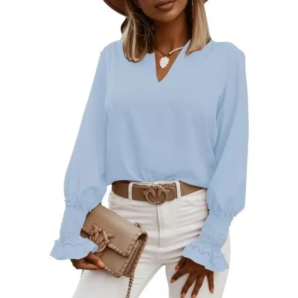 LYANER Women's V Neck Shirred Bell Long Sleeve Blouse Casual Tunic Top
