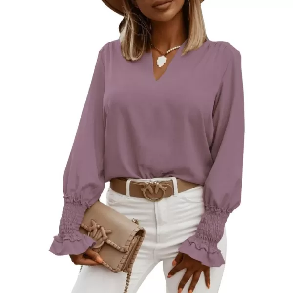 LYANER Women's V Neck Shirred Bell Long Sleeve Blouse Casual Tunic Top