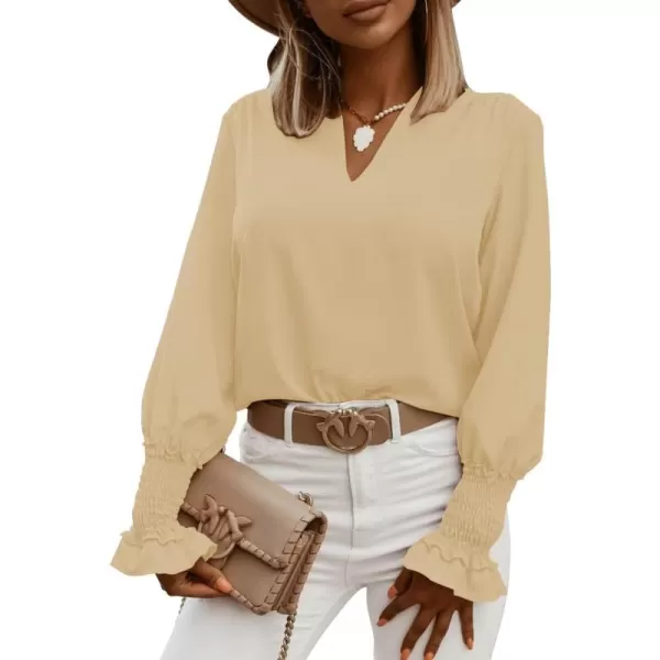 LYANER Women's V Neck Shirred Bell Long Sleeve Blouse Casual Tunic Top