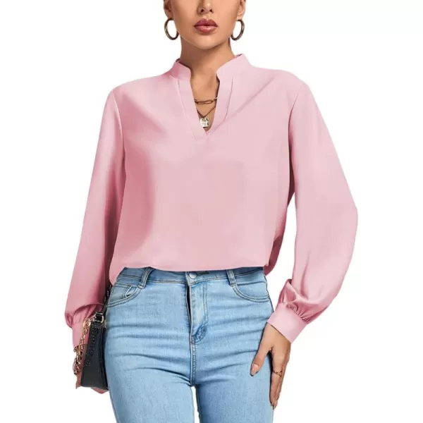LYANER Women's V Neck Shirred Long Sleeve Office Elegant Tunic Blouse Top