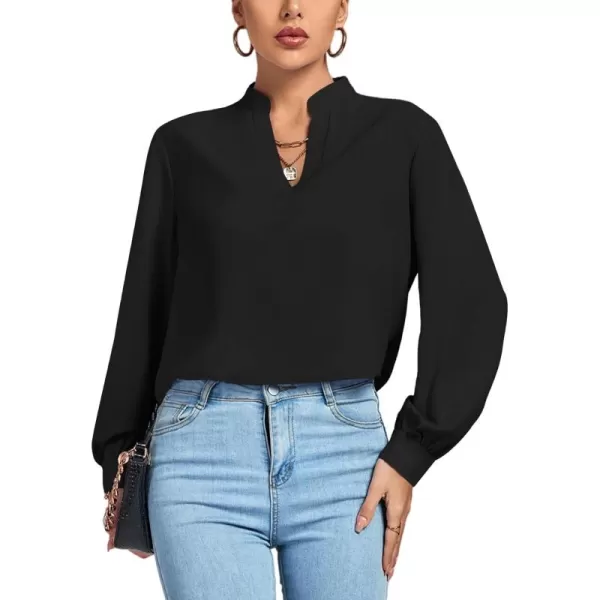 LYANER Women's V Neck Shirred Long Sleeve Office Elegant Tunic Blouse Top