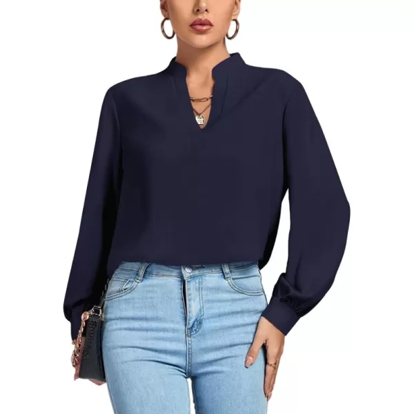 LYANER Women's V Neck Shirred Long Sleeve Office Elegant Tunic Blouse Top