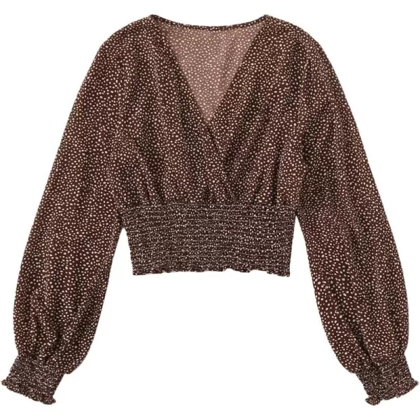 LYANER Women's V Neck Shirred Polka Dots Long Sleeve Frill Crop Blouse Shirt Tops