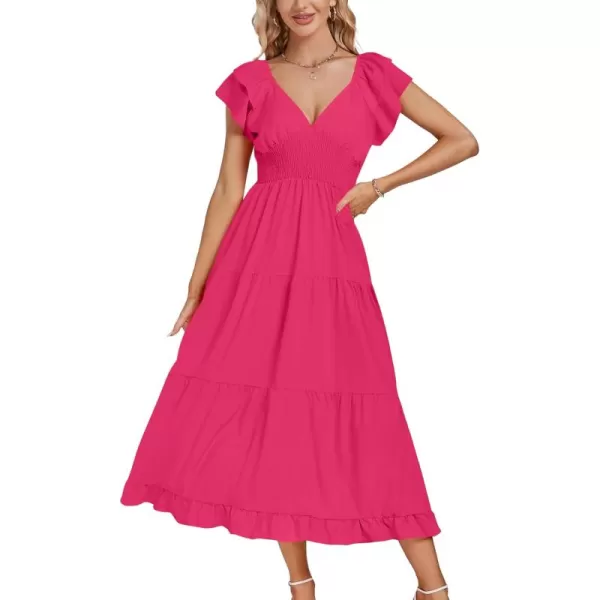 LYANER Women’s V Neck Shirred Waist Layered Ruffle Sleeve Swing Flowy A-Line Maxi Dress