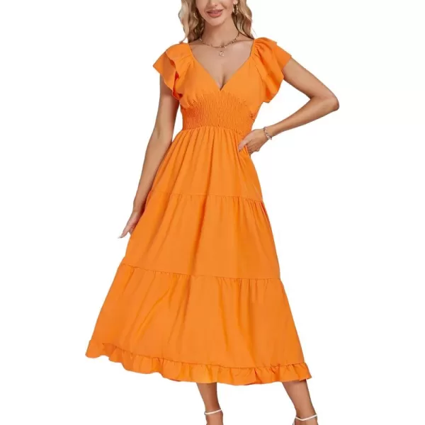LYANER Women’s V Neck Shirred Waist Layered Ruffle Sleeve Swing Flowy A-Line Maxi Dress