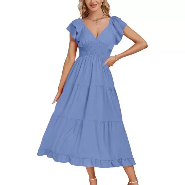 LYANER Women’s V Neck Shirred Waist Layered Ruffle Sleeve Swing Flowy A-Line Maxi Dress