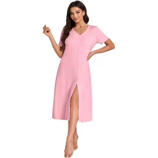 LYANER Women's V Neck Short Sleeve Button Down Nightgowns Sleepshirt Pajama Dress