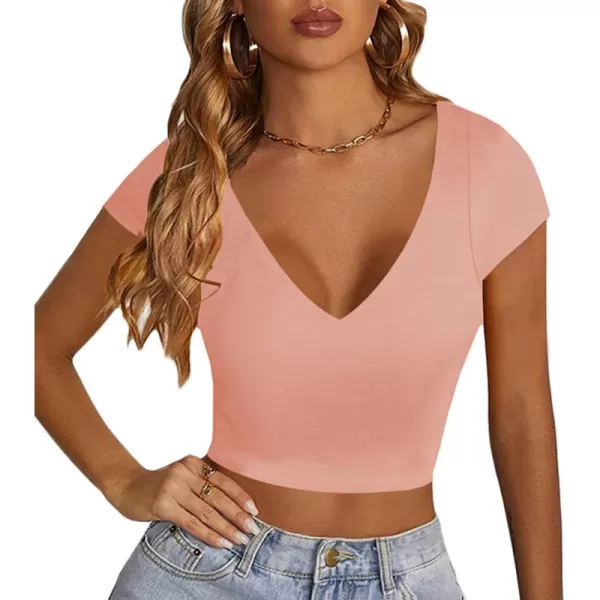 LYANER Women's V Neck Short Sleeve Crop Tops Cute Summer Tee Basic T Shirts