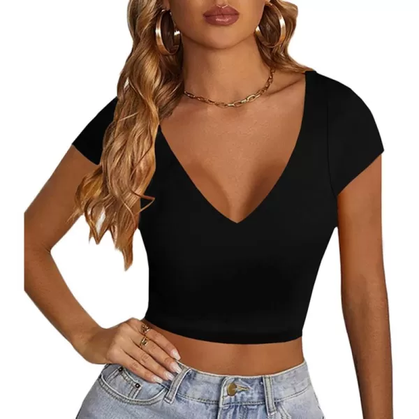 LYANER Women's V Neck Short Sleeve Crop Tops Cute Summer Tee Basic T Shirts