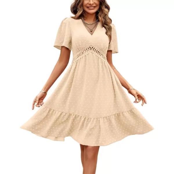 LYANER Women's V Neck Short Sleeve Mini Dress High Waist Cut Out Swiss Dot Short Dress Ruffle Hem Pom Pom Party Dress