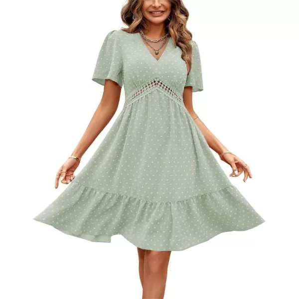 LYANER Women's V Neck Short Sleeve Mini Dress High Waist Cut Out Swiss Dot Short Dress Ruffle Hem Pom Pom Party Dress