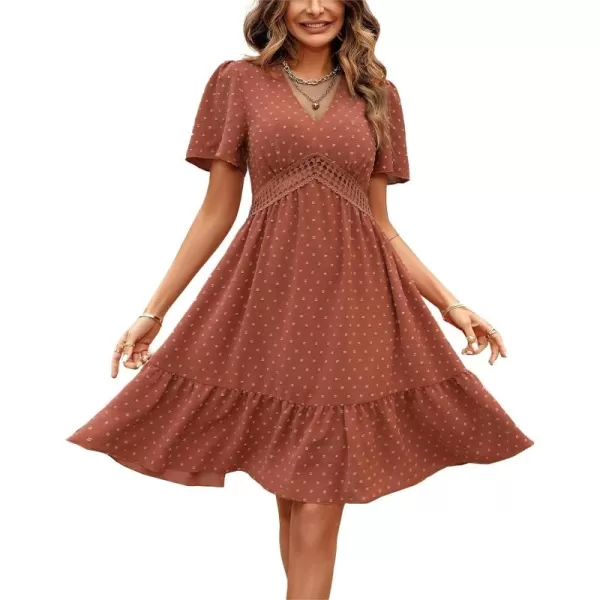 LYANER Women's V Neck Short Sleeve Mini Dress High Waist Cut Out Swiss Dot Short Dress Ruffle Hem Pom Pom Party Dress