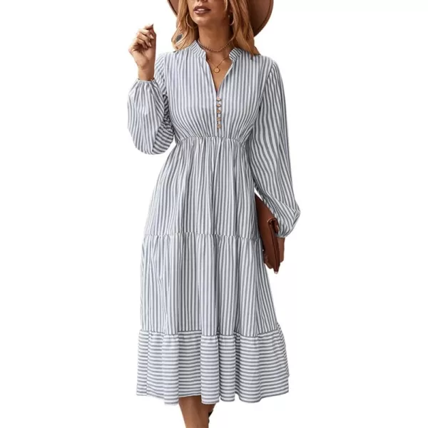 LYANER Women's V Neck Stripe High Waist Puff Long Sleeve Tiered Ruffle Hem Swing Midi Dress