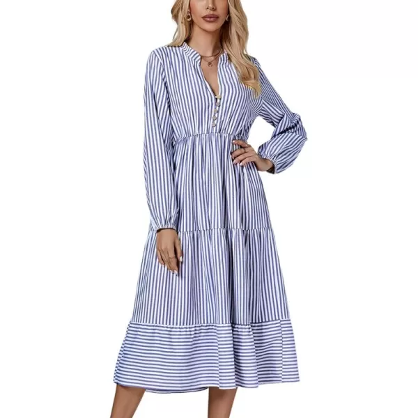 LYANER Women's V Neck Stripe High Waist Puff Long Sleeve Tiered Ruffle Hem Swing Midi Dress