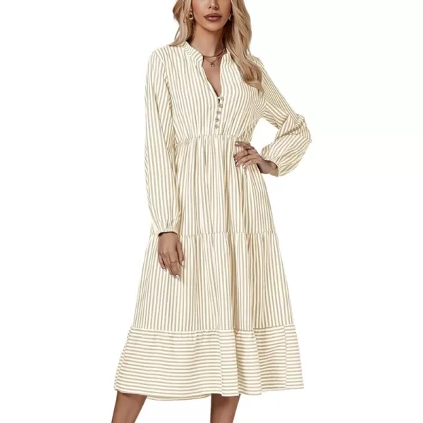 LYANER Women's V Neck Stripe High Waist Puff Long Sleeve Tiered Ruffle Hem Swing Midi Dress