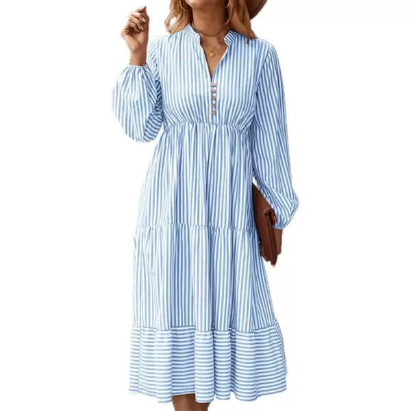 LYANER Women's V Neck Stripe High Waist Puff Long Sleeve Tiered Ruffle Hem Swing Midi Dress