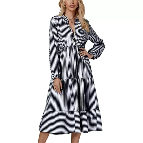 LYANER Women's V Neck Stripe High Waist Puff Long Sleeve Tiered Ruffle Hem Swing Midi Dress