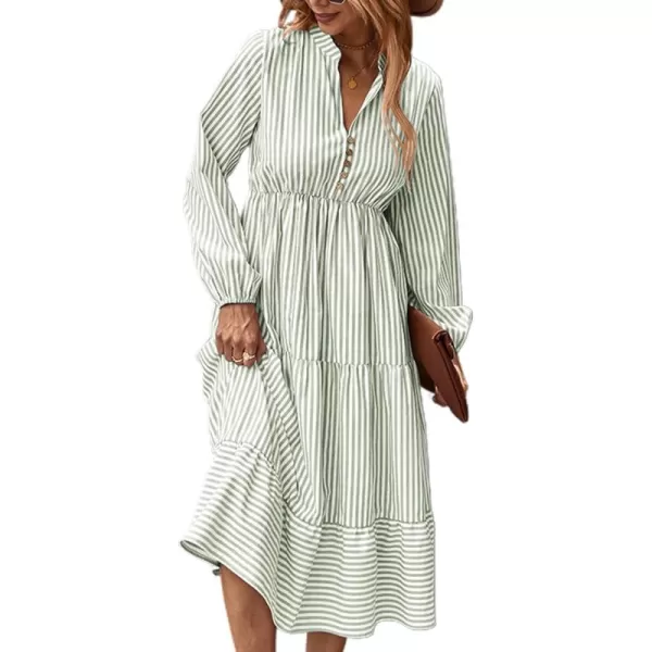LYANER Women's V Neck Stripe High Waist Puff Long Sleeve Tiered Ruffle Hem Swing Midi Dress