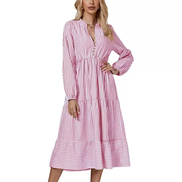 LYANER Women's V Neck Stripe High Waist Puff Long Sleeve Tiered Ruffle Hem Swing Midi Dress