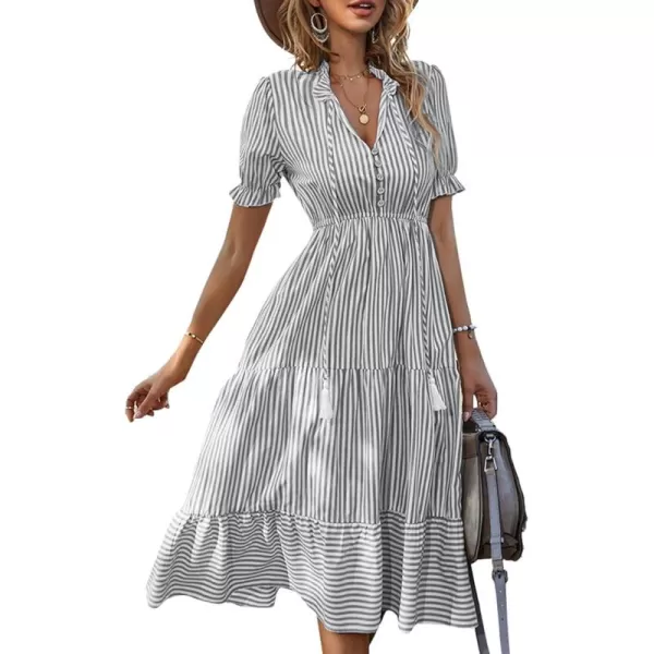 LYANER Women's V Neck Stripe High Waist Puff Short Sleeve Tiered Ruffle Hem Swing Midi Dress