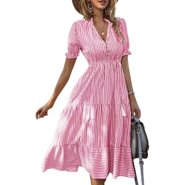 LYANER Women's V Neck Stripe High Waist Puff Short Sleeve Tiered Ruffle Hem Swing Midi Dress