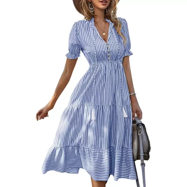 LYANER Women's V Neck Stripe High Waist Puff Short Sleeve Tiered Ruffle Hem Swing Midi Dress