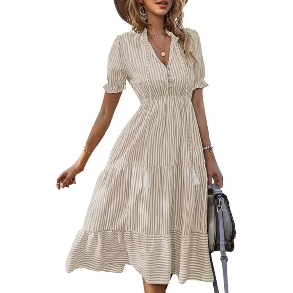 LYANER Women's V Neck Stripe High Waist Puff Short Sleeve Tiered Ruffle Hem Swing Midi Dress