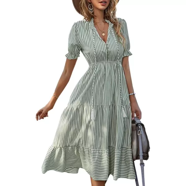 LYANER Women's V Neck Stripe High Waist Puff Short Sleeve Tiered Ruffle Hem Swing Midi Dress