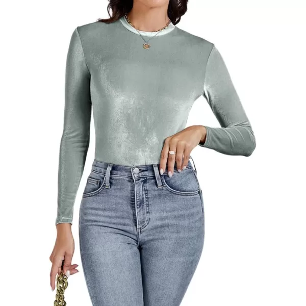 LYANER Women's Velvet Crew Neck Slim Fit Long Sleeve Bodysuit Leotard Top