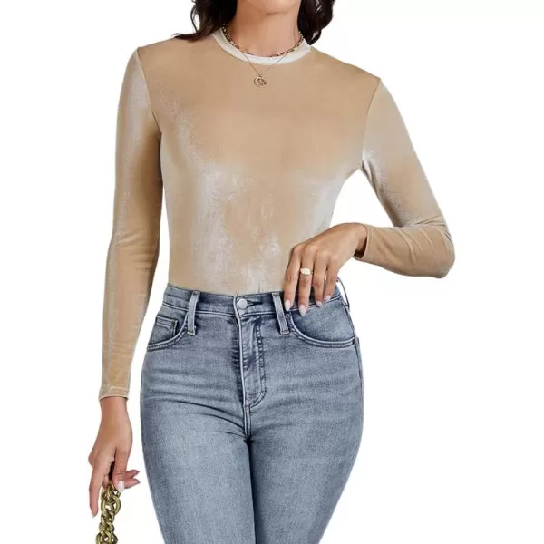 LYANER Women's Velvet Crew Neck Slim Fit Long Sleeve Bodysuit Leotard Top