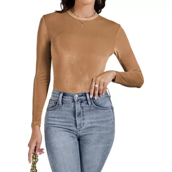 LYANER Women's Velvet Crew Neck Slim Fit Long Sleeve Bodysuit Leotard Top